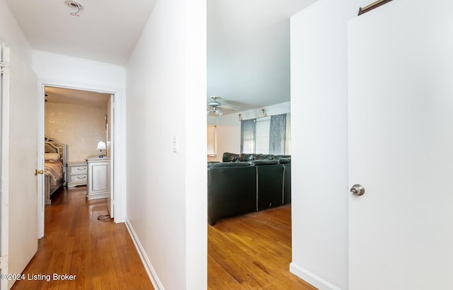 corridor with hardwood / wood-style flooring