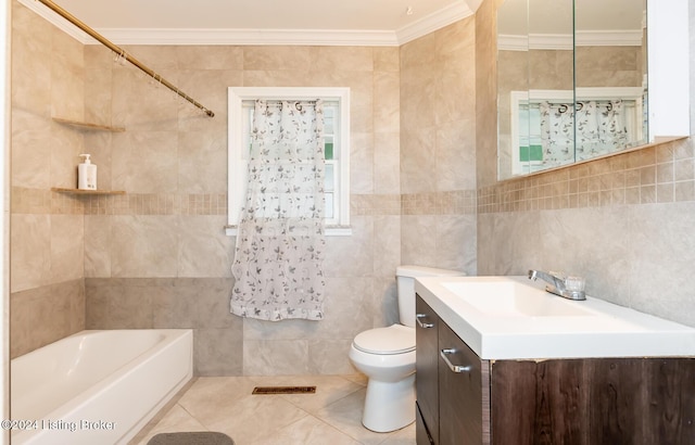 full bathroom with crown molding, vanity, tile walls, and toilet