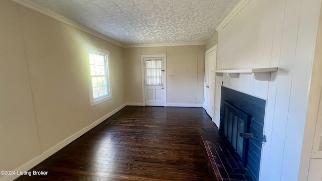 unfurnished living room featuring dark hardwood / wood-style floors and crown molding