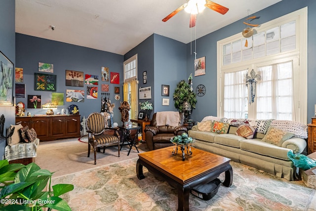 living room featuring ceiling fan