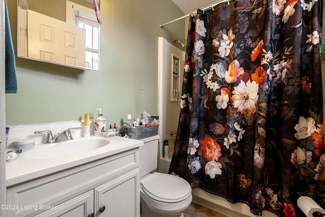 full bathroom featuring shower / tub combo, vanity, and toilet