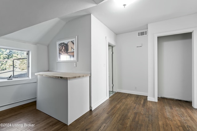 additional living space with dark hardwood / wood-style flooring and lofted ceiling