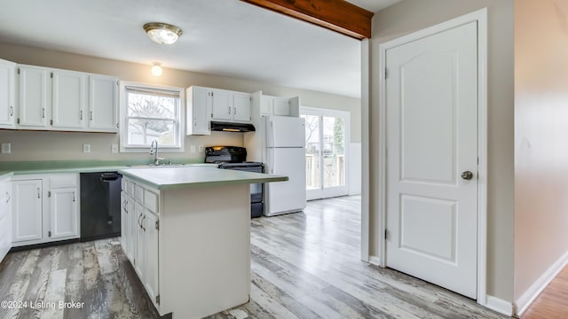 kitchen featuring white cabinetry, sink, black appliances, and light hardwood / wood-style floors