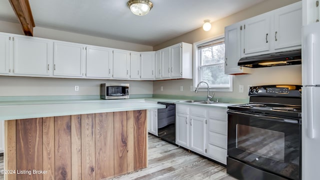 kitchen featuring black appliances, white cabinets, sink, light hardwood / wood-style floors, and beam ceiling