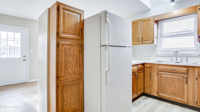 kitchen featuring white fridge, light hardwood / wood-style flooring, plenty of natural light, and sink