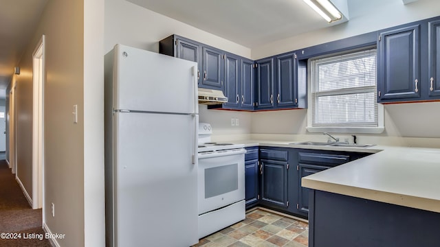 kitchen featuring white appliances, sink, and blue cabinets