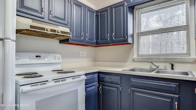 kitchen featuring white electric range oven, blue cabinets, and sink