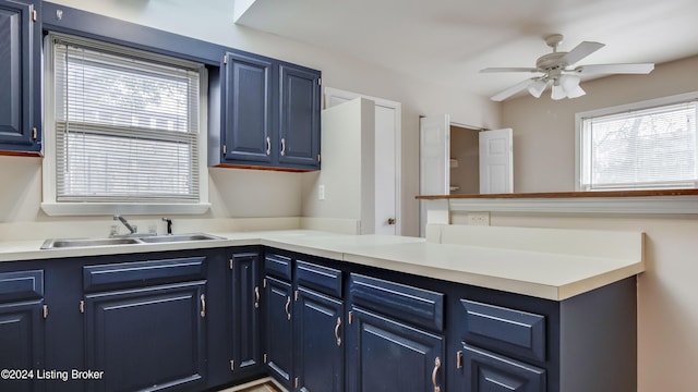 kitchen with blue cabinetry, kitchen peninsula, ceiling fan, and sink