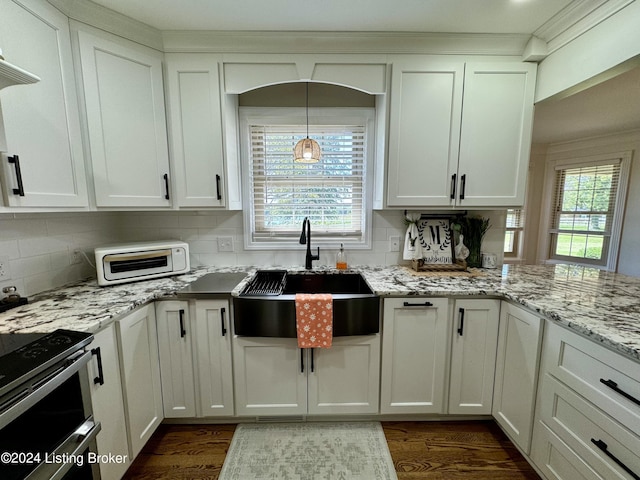 kitchen featuring a wealth of natural light, white cabinetry, sink, and dark wood-type flooring