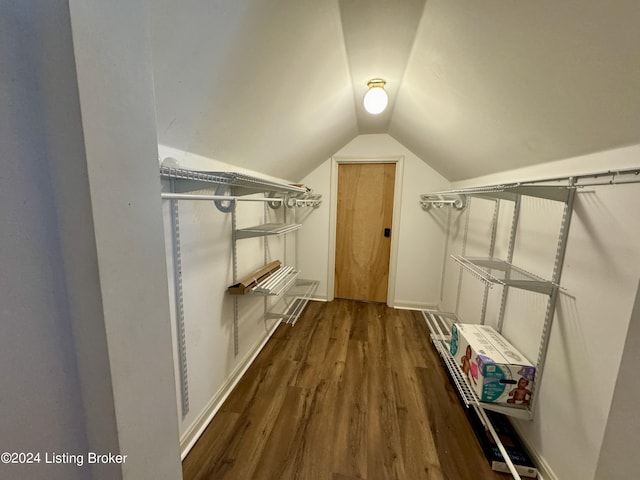 spacious closet featuring lofted ceiling and dark hardwood / wood-style floors