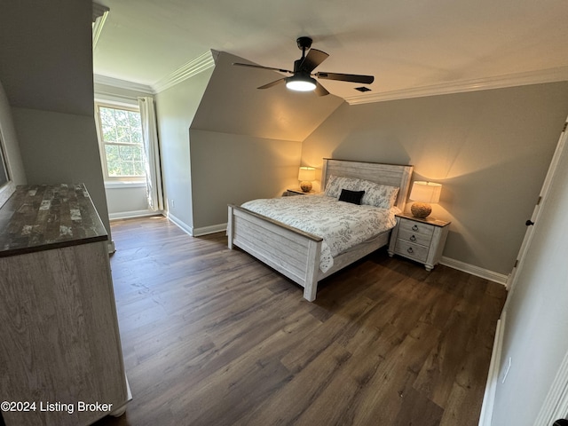 bedroom with ceiling fan, ornamental molding, dark wood-type flooring, and lofted ceiling