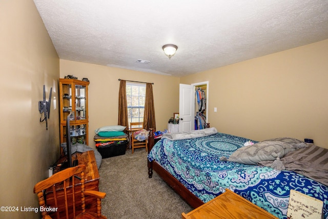 carpeted bedroom with a spacious closet, a closet, and a textured ceiling