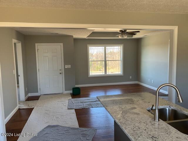 foyer with a textured ceiling, ceiling fan, sink, and dark wood-type flooring