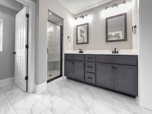 bathroom with vanity and a shower with shower door