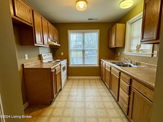 kitchen featuring white electric range oven and sink