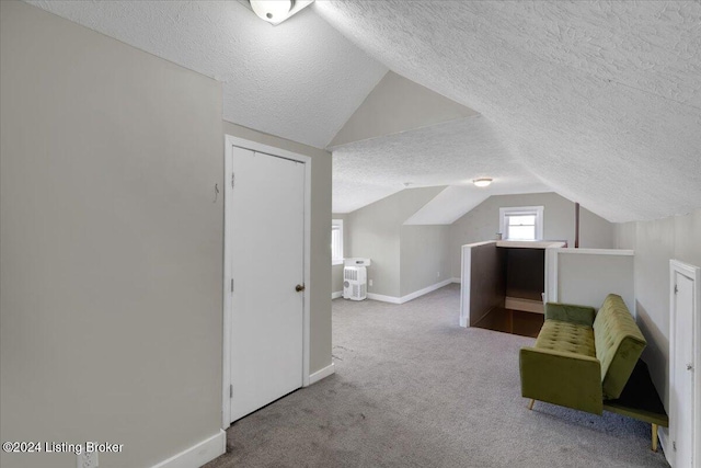 additional living space with light colored carpet, lofted ceiling, and a textured ceiling