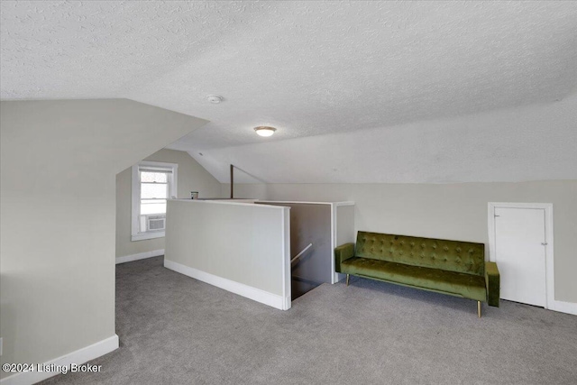 additional living space with a textured ceiling, carpet floors, and vaulted ceiling