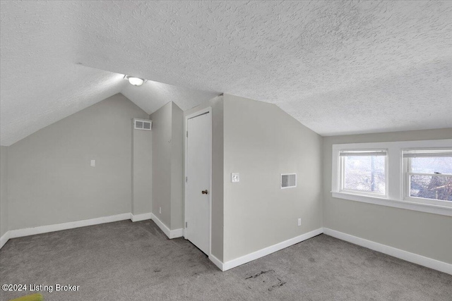 additional living space featuring a textured ceiling, carpet, and vaulted ceiling