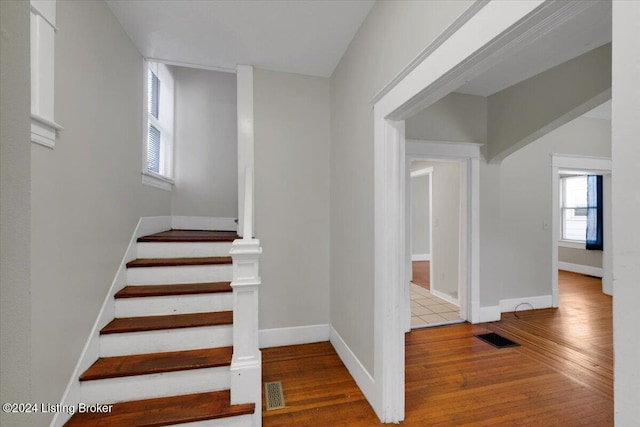 staircase with wood-type flooring