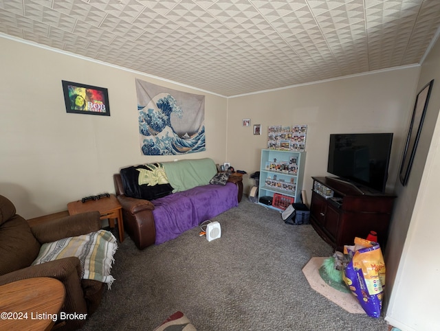 carpeted living room with ornamental molding