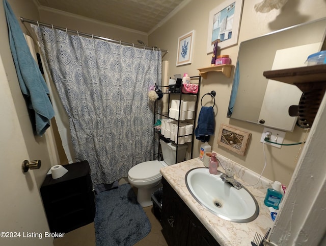 bathroom with walk in shower, toilet, vanity, and ornamental molding