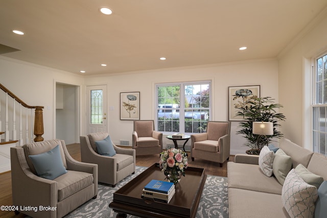 living room with ornamental molding, dark hardwood / wood-style flooring, and a healthy amount of sunlight