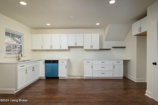 kitchen with white cabinets, dishwasher, sink, and dark wood-type flooring