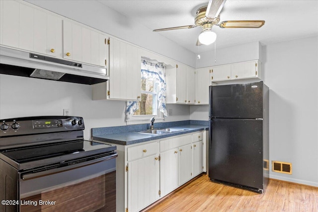 kitchen featuring white cabinetry, sink, ceiling fan, light hardwood / wood-style floors, and black appliances