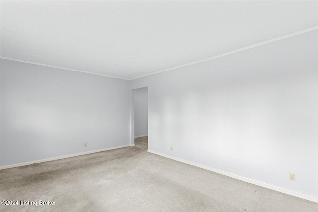 empty room featuring crown molding and light carpet