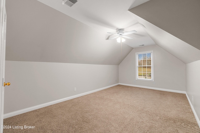 bonus room featuring carpet flooring, ceiling fan, and lofted ceiling