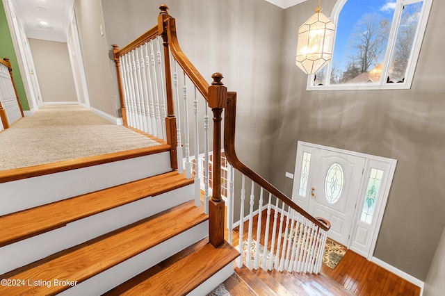 entryway featuring hardwood / wood-style flooring and crown molding