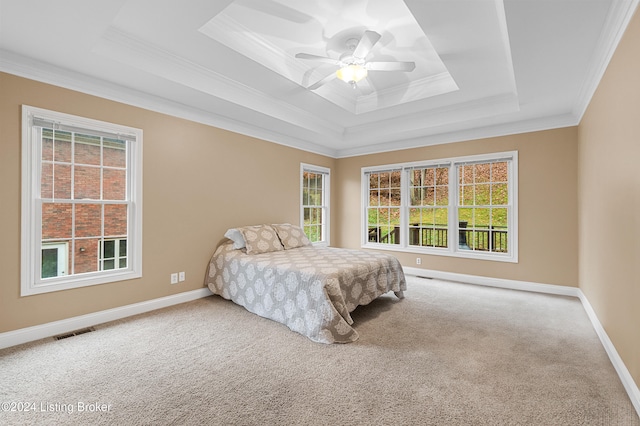 carpeted bedroom with ceiling fan, a raised ceiling, and ornamental molding