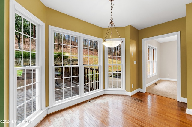 unfurnished dining area featuring plenty of natural light and wood-type flooring