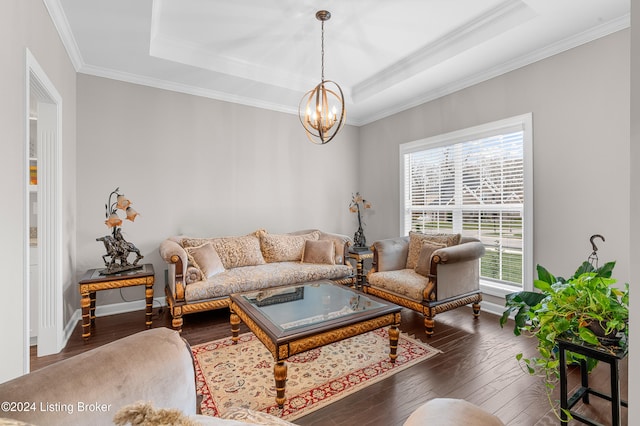 living room with an inviting chandelier, dark hardwood / wood-style floors, a raised ceiling, and ornamental molding