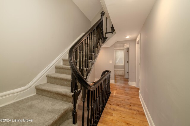 staircase with hardwood / wood-style floors