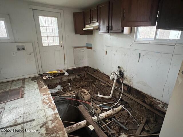 kitchen with dark brown cabinets and a wealth of natural light