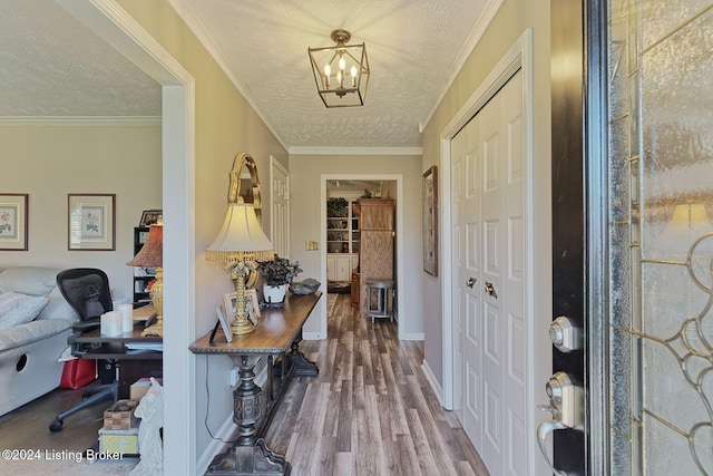 interior space with hardwood / wood-style floors, a textured ceiling, and crown molding