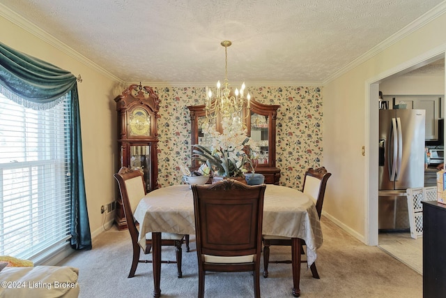 carpeted dining space featuring a textured ceiling, an inviting chandelier, and crown molding