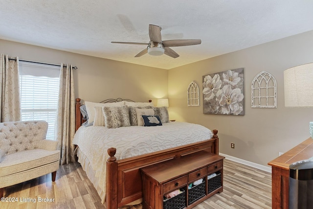 bedroom featuring a textured ceiling, light hardwood / wood-style flooring, and ceiling fan