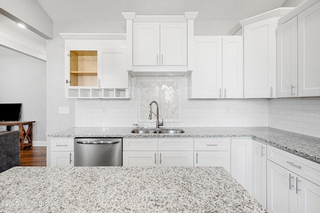 kitchen with white cabinetry, dishwasher, sink, and light stone counters