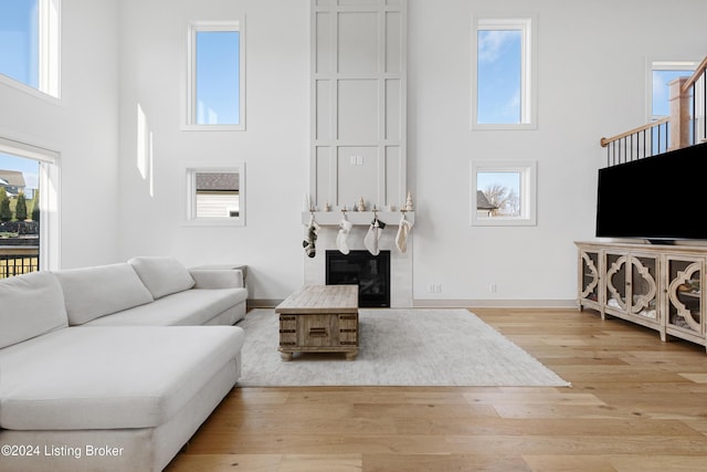 living room featuring a high ceiling and light hardwood / wood-style flooring