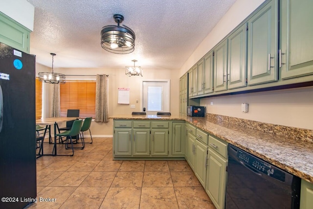 kitchen with a chandelier, green cabinets, and black appliances