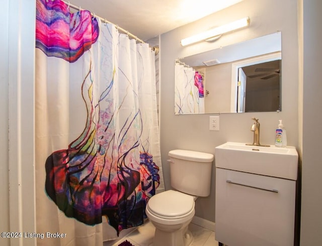 bathroom with tile patterned floors, vanity, toilet, and walk in shower