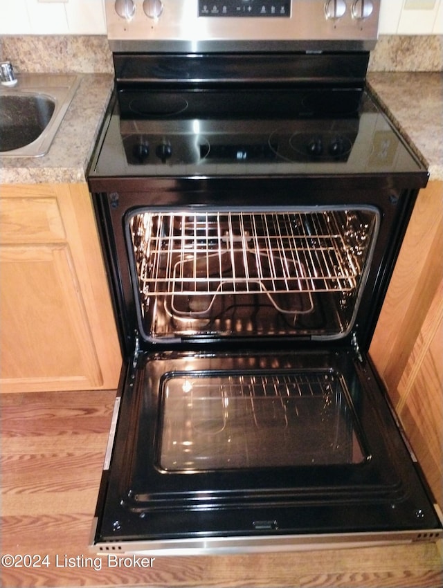 interior details featuring black electric range, light brown cabinets, and sink