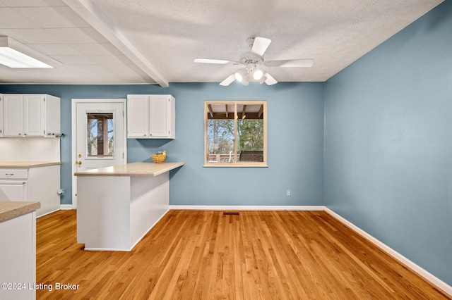 kitchen with white cabinetry, light hardwood / wood-style flooring, ceiling fan, and a healthy amount of sunlight