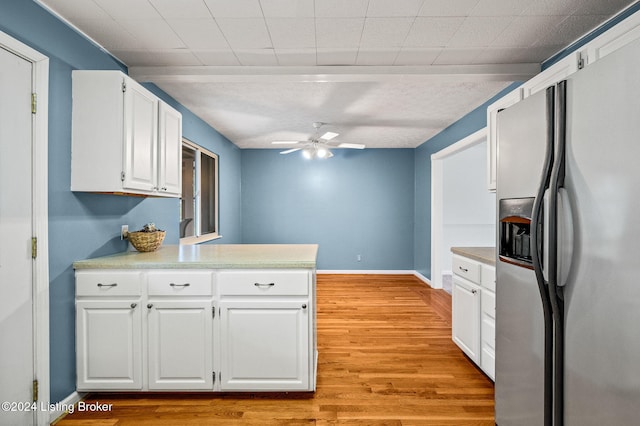 kitchen with white cabinetry, ceiling fan, stainless steel fridge with ice dispenser, kitchen peninsula, and light hardwood / wood-style floors