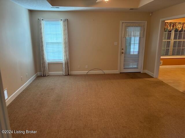 foyer entrance featuring light carpet and ceiling fan