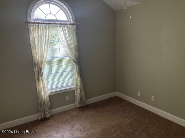 unfurnished room featuring carpet flooring and lofted ceiling