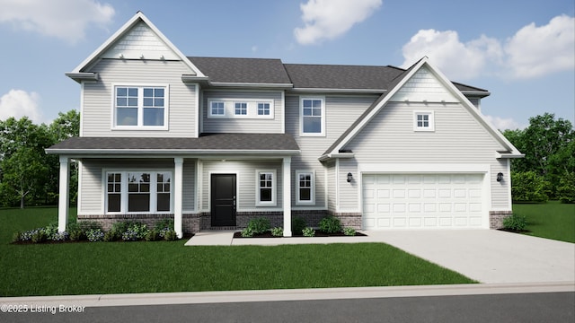 craftsman house with a front yard and a garage