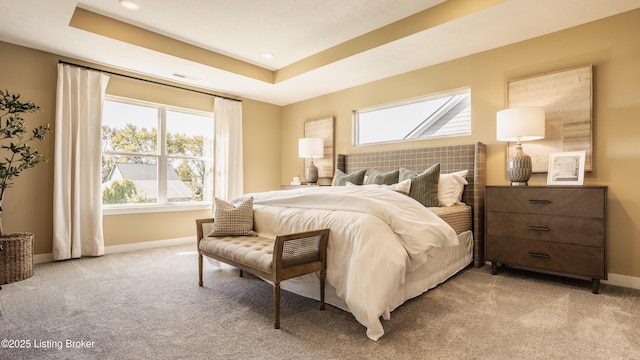 bedroom featuring multiple windows, light carpet, and a raised ceiling